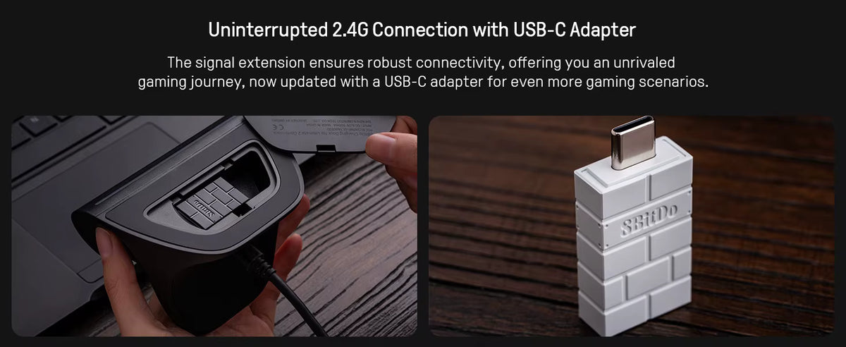 8BitDo product graphic detailing uninterrupted 2.4G connection features, showing a charging dock with a hidden wireless adapter compartment on the left and a standalone brick-textured white USB-C wireless receiver on the right.