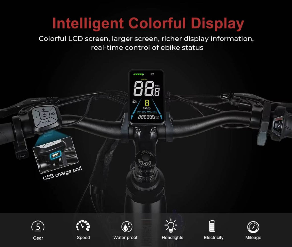 SAMEBIKE RS‑A01 PRO‑T Intelligent colorful display LCD Screen on an e-bike handlebar with various functions indicated.