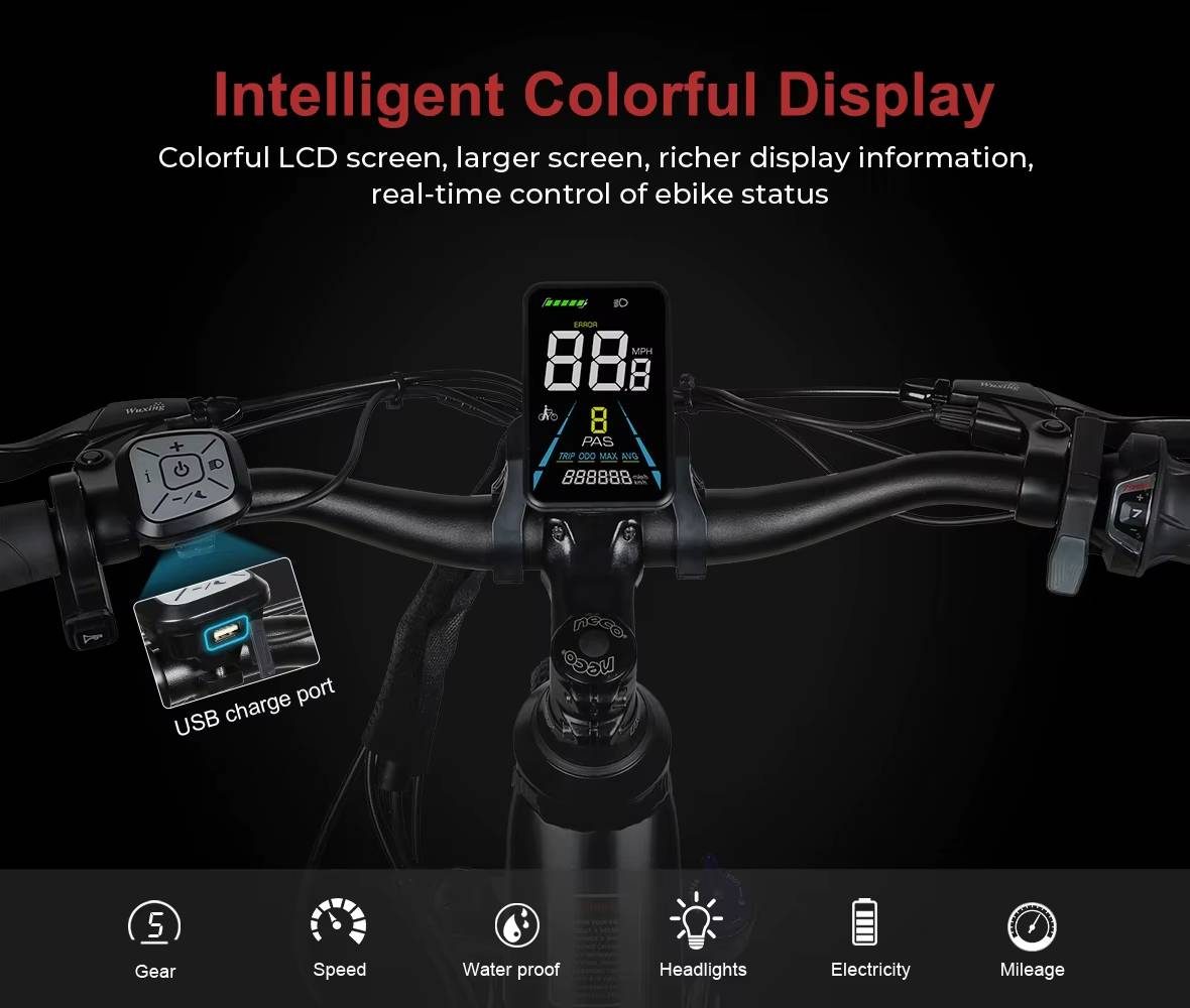 SAMEBIKE RS‑A01 PRO‑T Intelligent colorful display LCD Screen on an e-bike handlebar with various functions indicated.