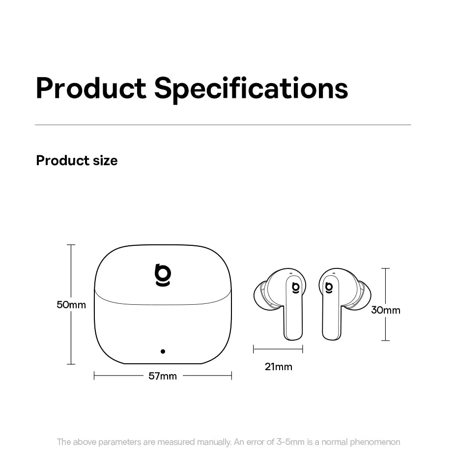 Product specifications for wireless Baseus EP10 earbuds and charging case with dimensions.