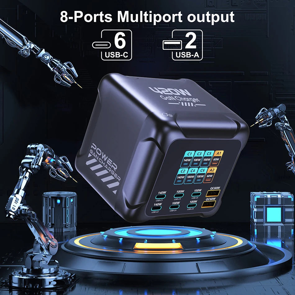 Black power adapter with 8-ports multiport output on a dark background with robot arms.