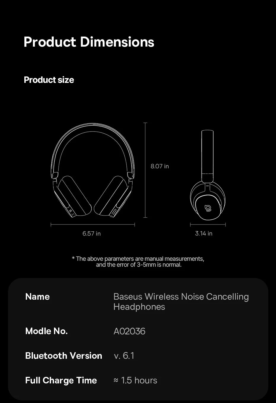 Product dimensions of Baseus Inspire XH1 Wireless Noise Cancelling Headphones with technical specifications.