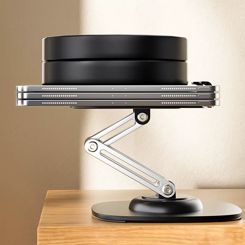 360° Rotation Portable Desktop Stand shown folded flat for compact storage   