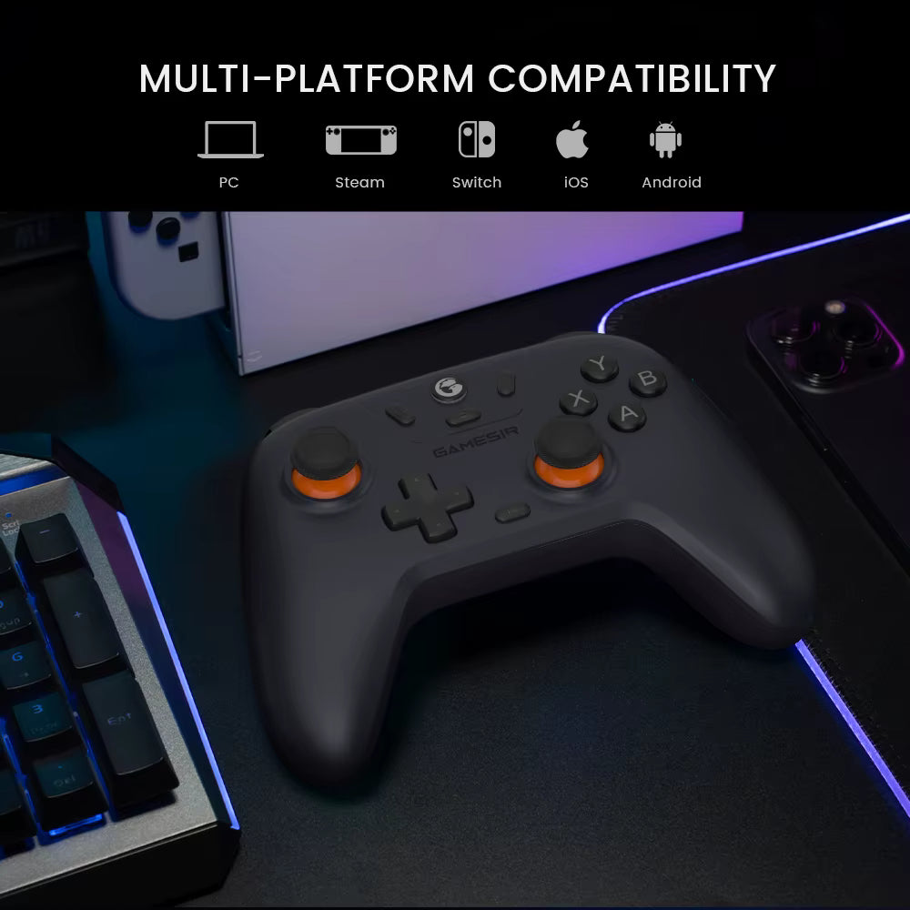 GameSir Nova Lite showing multi-platform compatibility icons for PC, Steam, Nintendo Switch, iOS, and Android