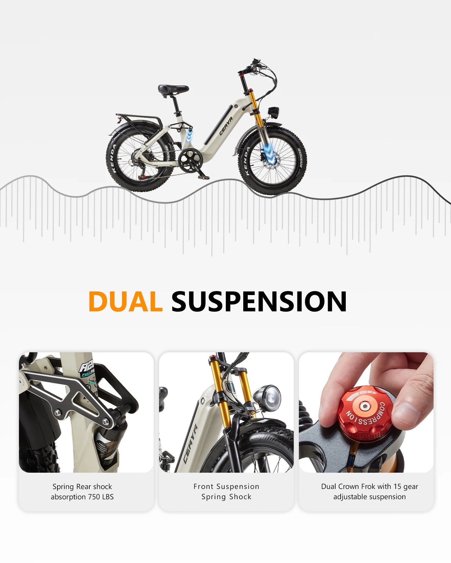 Electric bike with dual suspension features highlighted on a white background