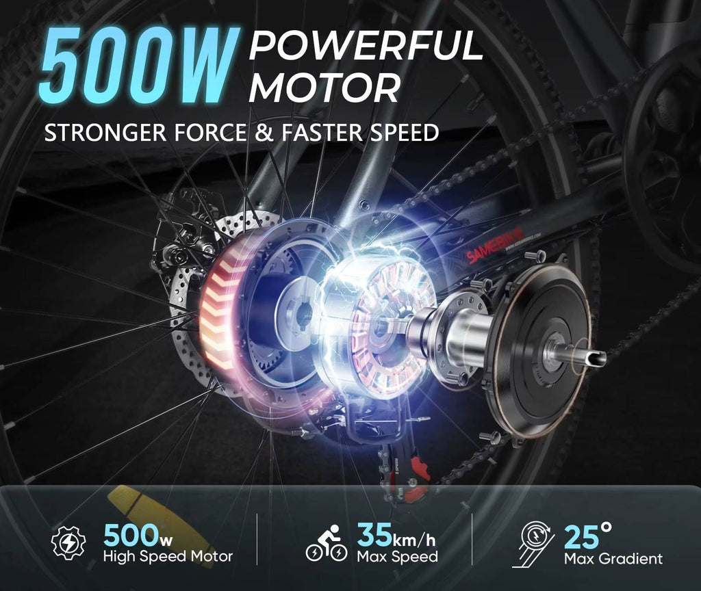 SAMEBIKE RS-A01 MEN Electric Bicycle motor with 500W powerful motor highlighting features on a dark background
