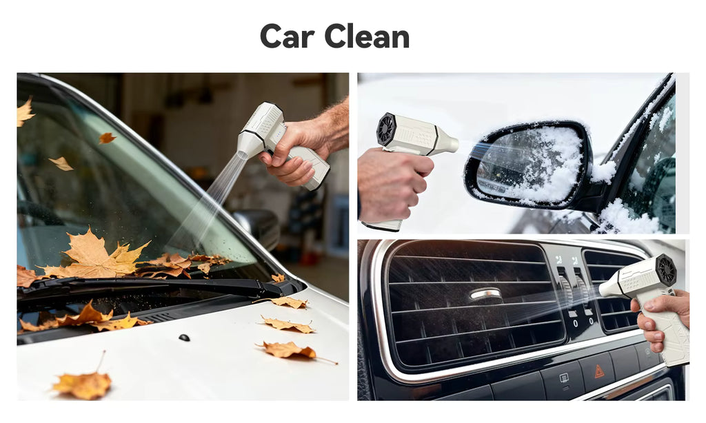 WOLFBOX DF50 cleaning car exterior leaves, side mirrors, and interior air vents for automotive detailing