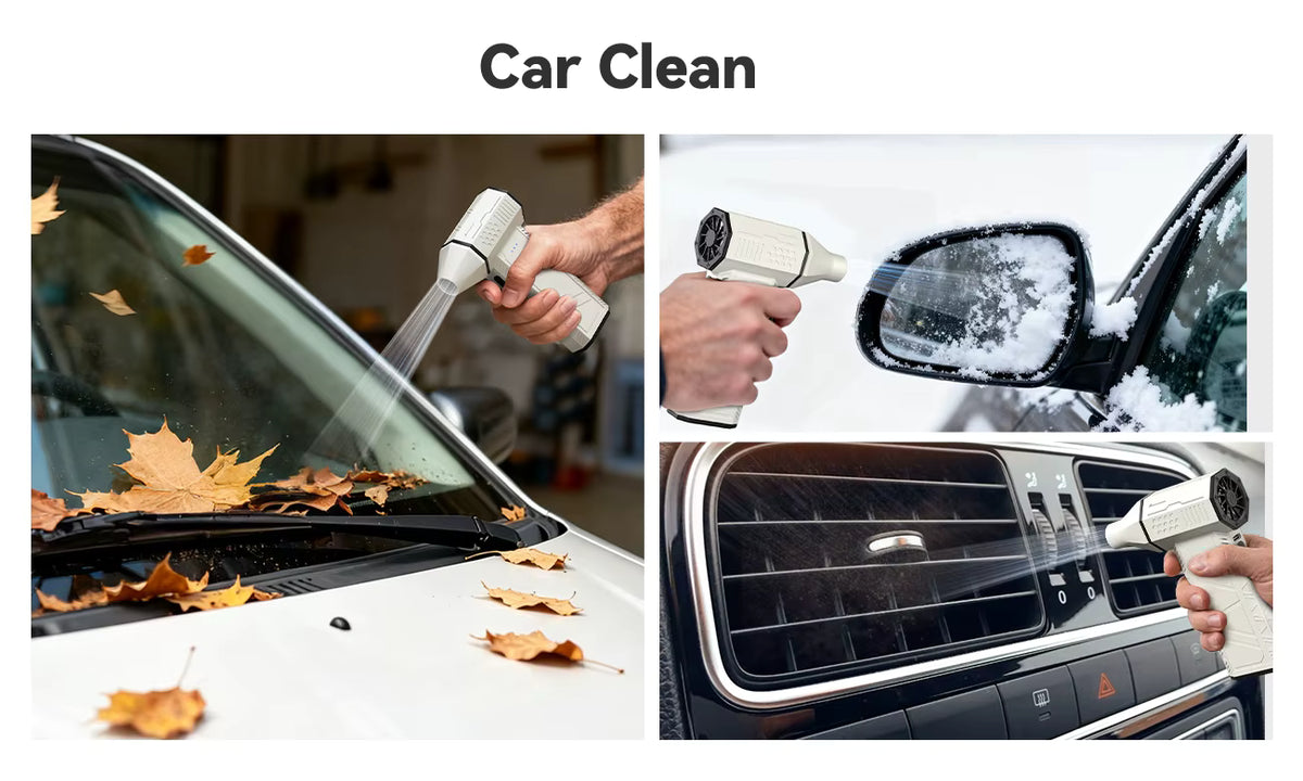WOLFBOX DF50 cleaning car exterior leaves, side mirrors, and interior air vents for automotive detailing