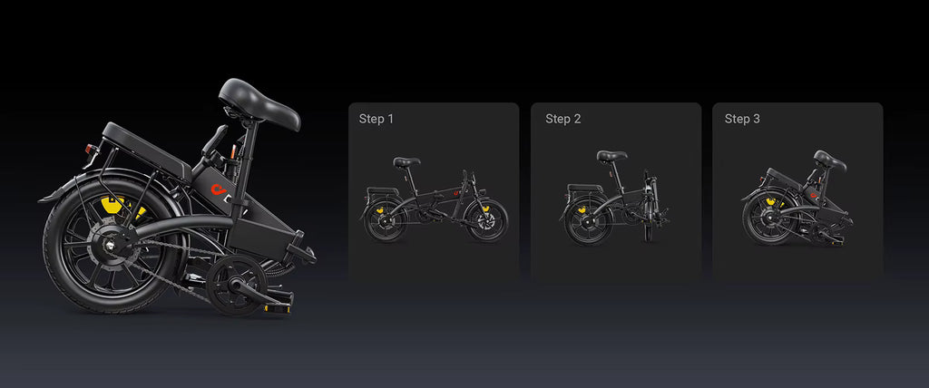 Folding  DYU A1F Pro Folding E-Bike bike with step-by-step transformation animation on a dark background