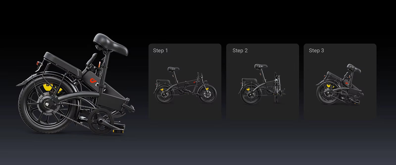 Folding  DYU A1F Pro Folding E-Bike bike with step-by-step transformation animation on a dark background
