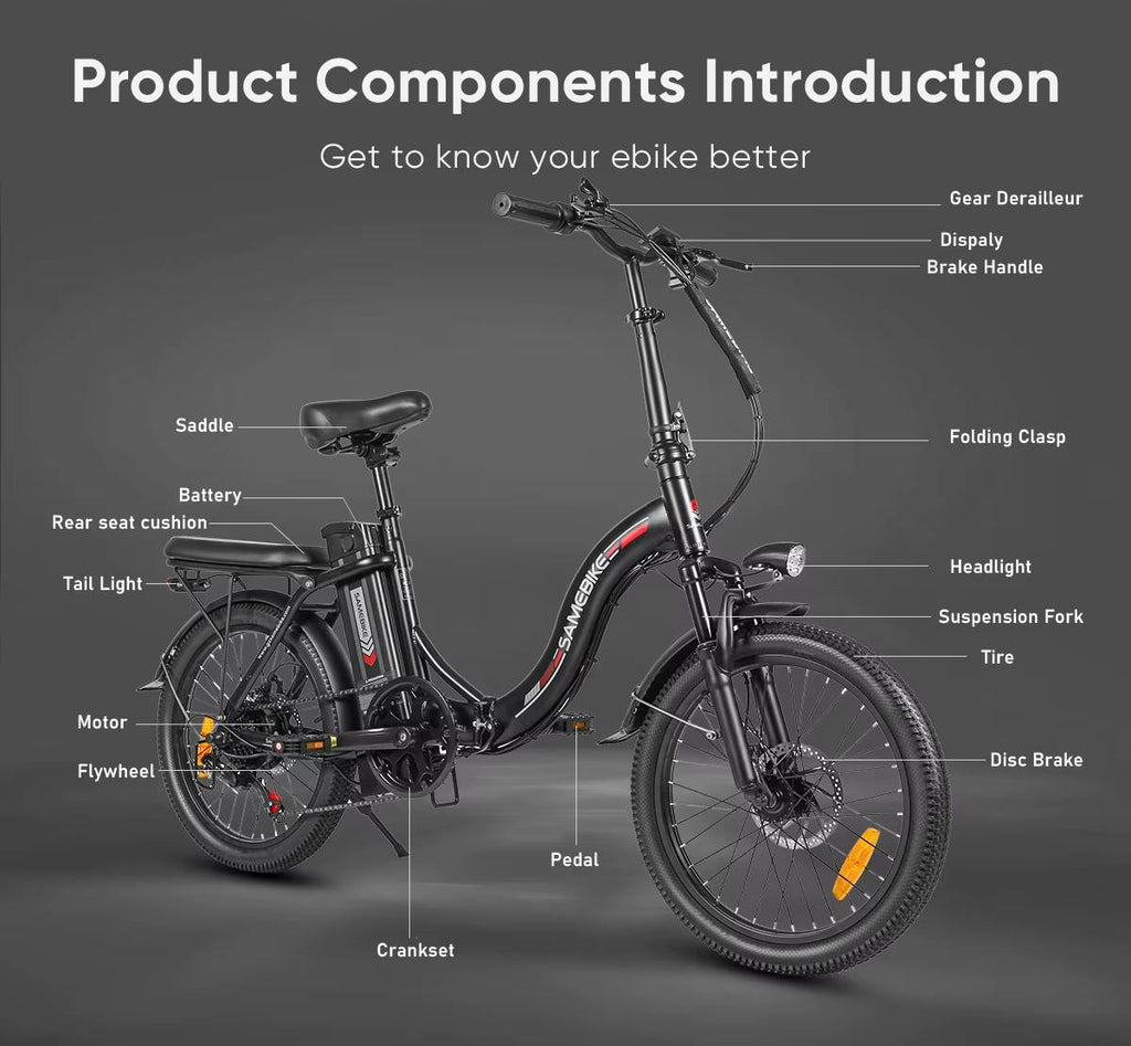 Diagram of a SAMEBIKE CY20  electric bike with labeled components on a gray background
