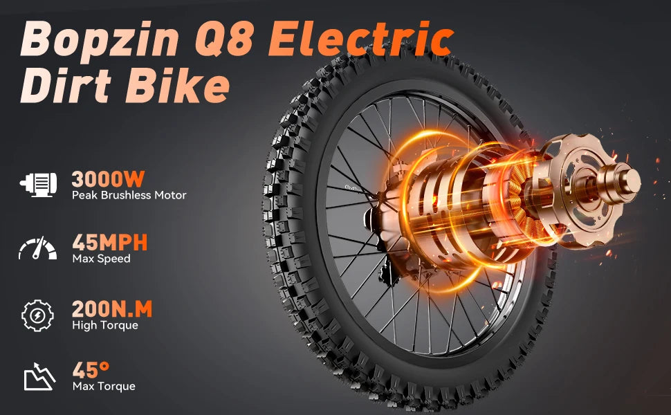 Bopzin Q8 Electric Dirt Bike with specifications on a dark background