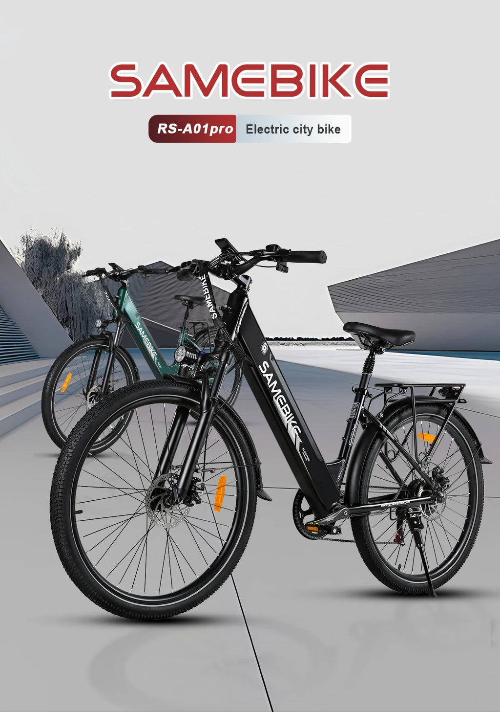 SAMEBIKE RS‑A01 PRO‑T electric city bike with basket on a gray background with another colour of the same bike in the background