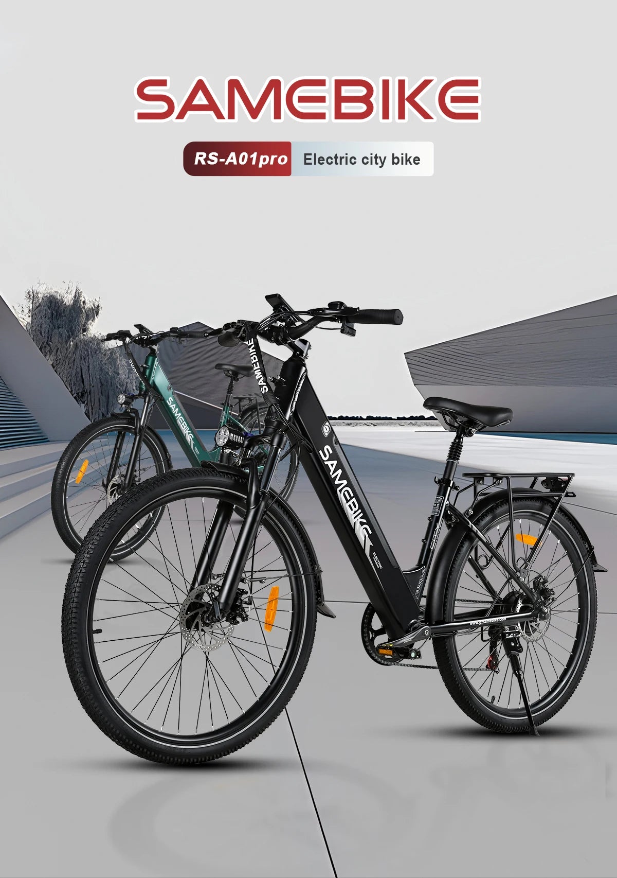SAMEBIKE RS‑A01 PRO‑T electric city bike with basket on a gray background with another colour of the same bike in the background