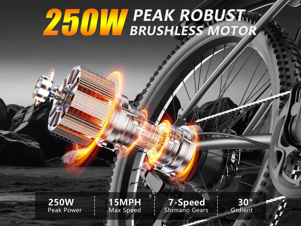 Bicycle hub with a brushless motor and specifications on a dark background