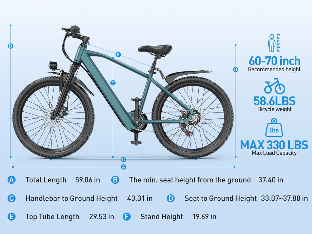 Electric bicycle with detailed specifications on a blue background