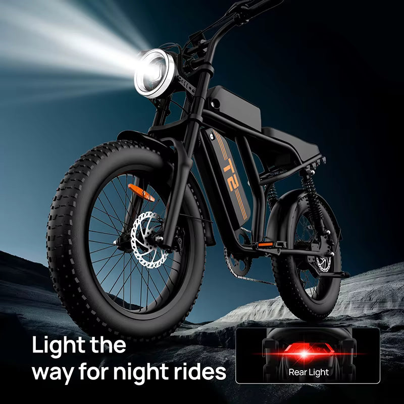  URLIFE T2 Electric bike with front and rear lights on a dark background