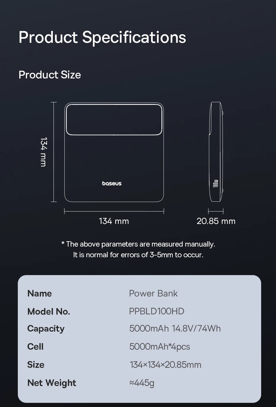 Product specifications for a power bank with dimensions and technical details.