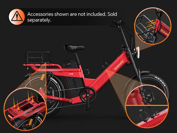 Red electric TESWAY X5 AWD bike with highlighted features on a black background
