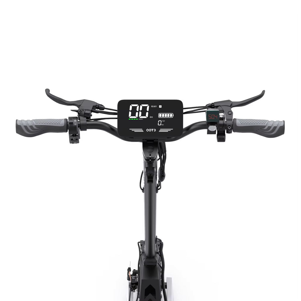 Black electric scooter with digital display on a white background