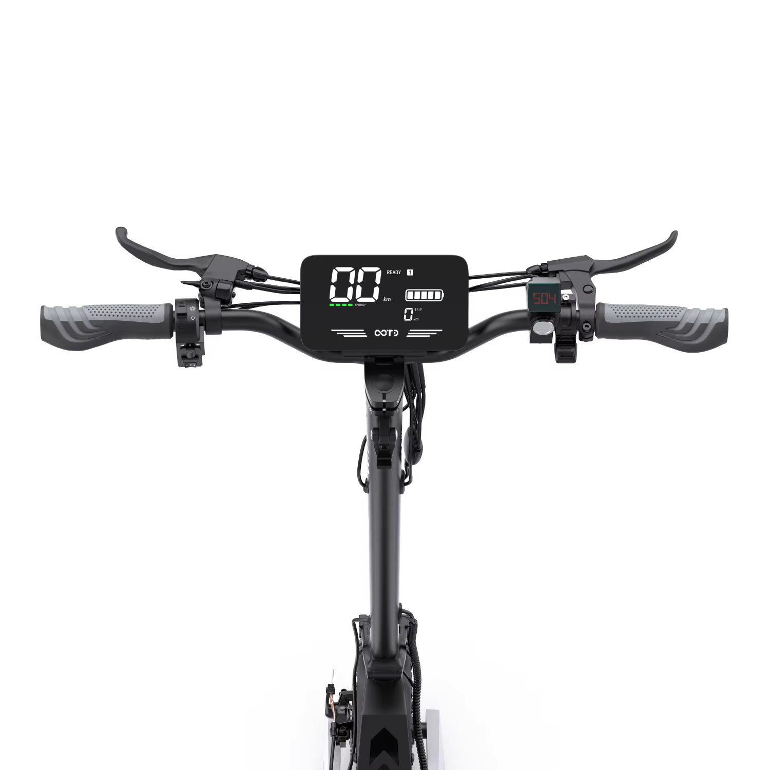 Black electric scooter with digital display on a white background
