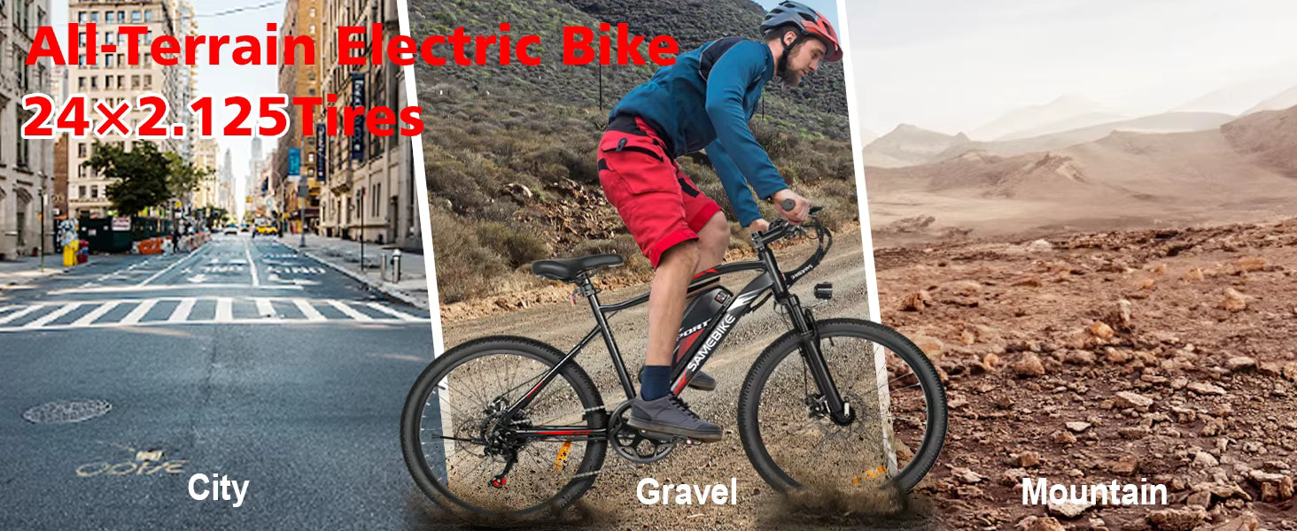 Electric bike with text highlighting its features and uses on a split-screen with city, gravel, and mountain terrains.