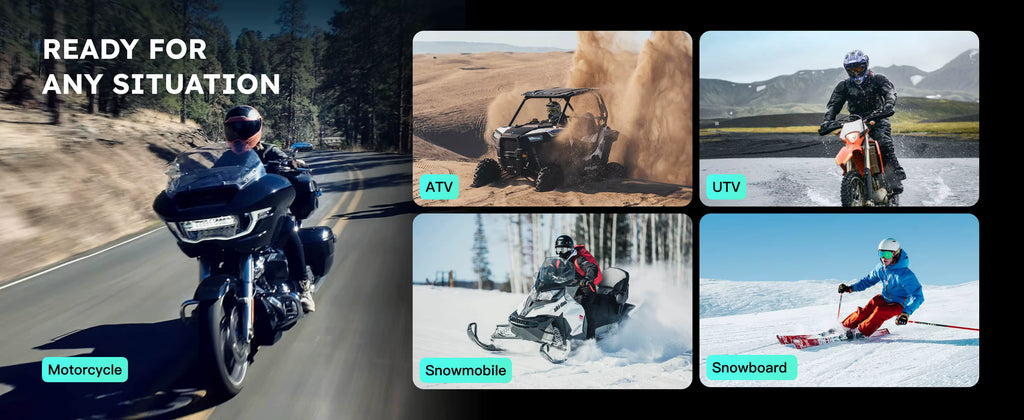 Promotional graphic showcasing a motorcycle on a road with images of ATV, UTV, snowmobile, and snowboard activities.