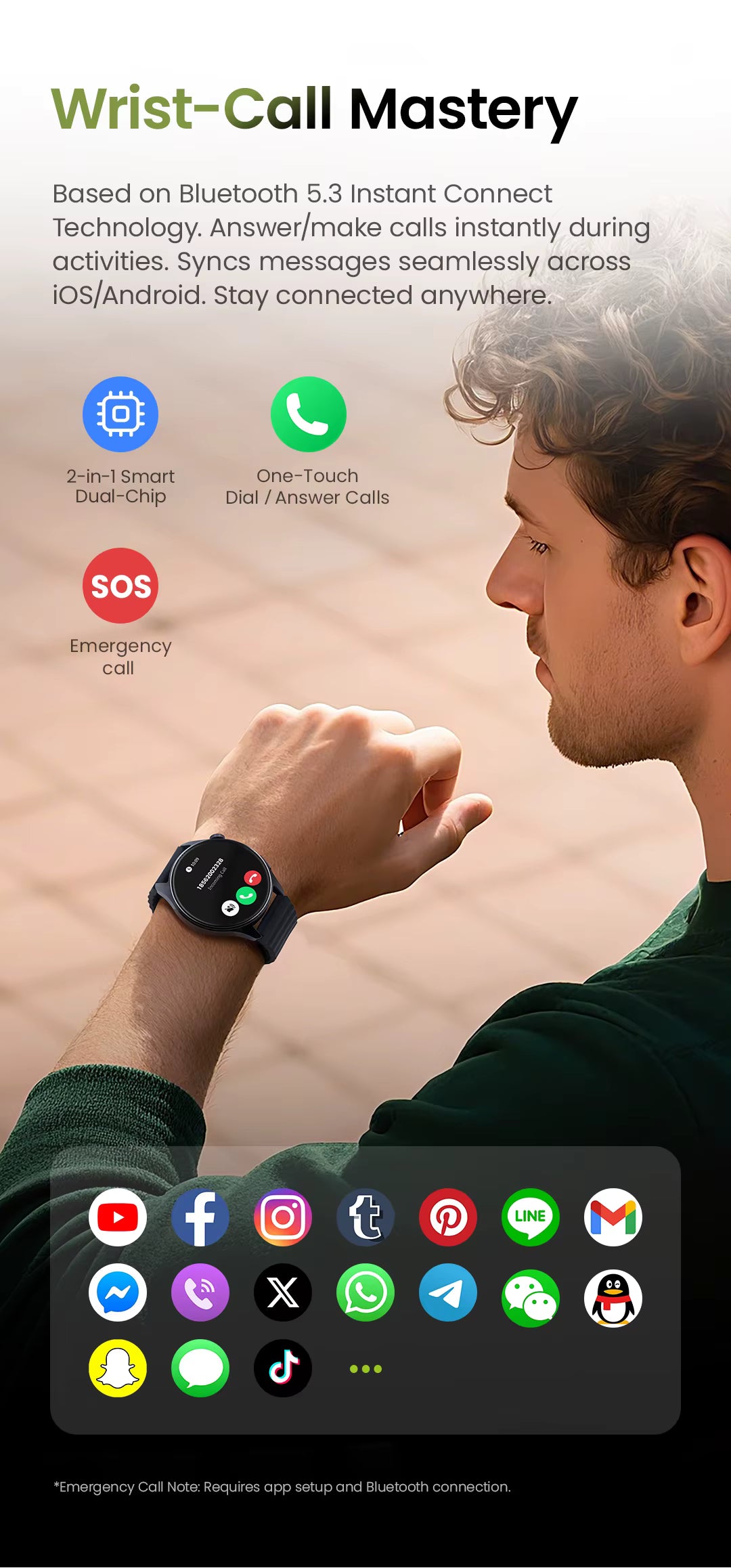 Promotional graphic for a smartwatch showing a man wearing the watch and looking at it, with text highlighting Bluetooth 5.3 instant connect, iOS/Android messaging sync, SOS emergency call, and a row of app icons on a dark overlay.