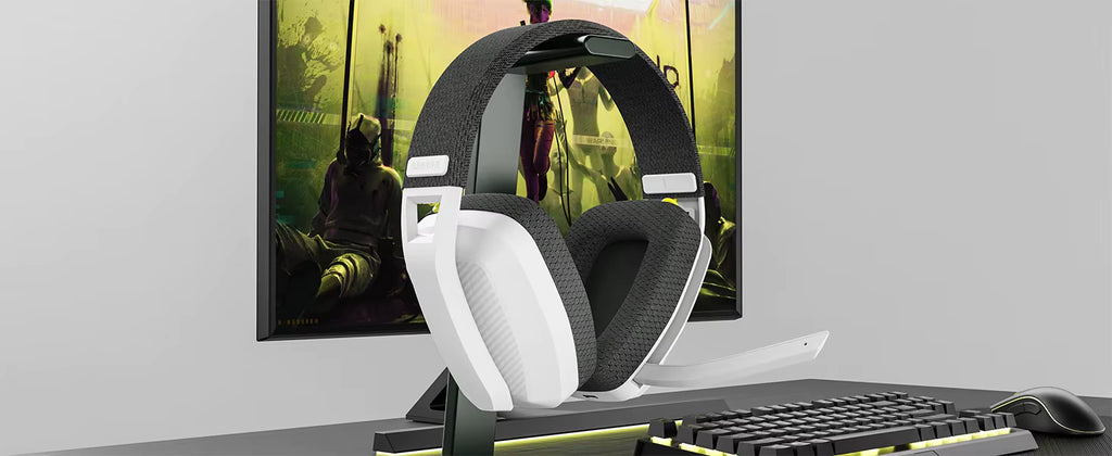 Product display shot of the gaming headset set up on a gaming desk environment