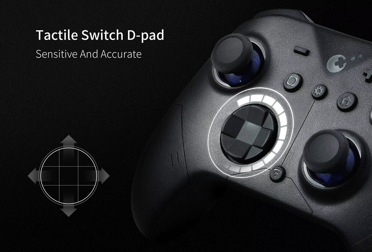 GuliKit ES Pro Controller close‑up highlighting tactile switch D‑pad with illuminated ring. Matte black finish with dual analog sticks and precision buttons. Promotional graphic text reads “Tactile Switch D‑pad – Sensitive and Accurate,” showcasing responsive directional control for gaming.