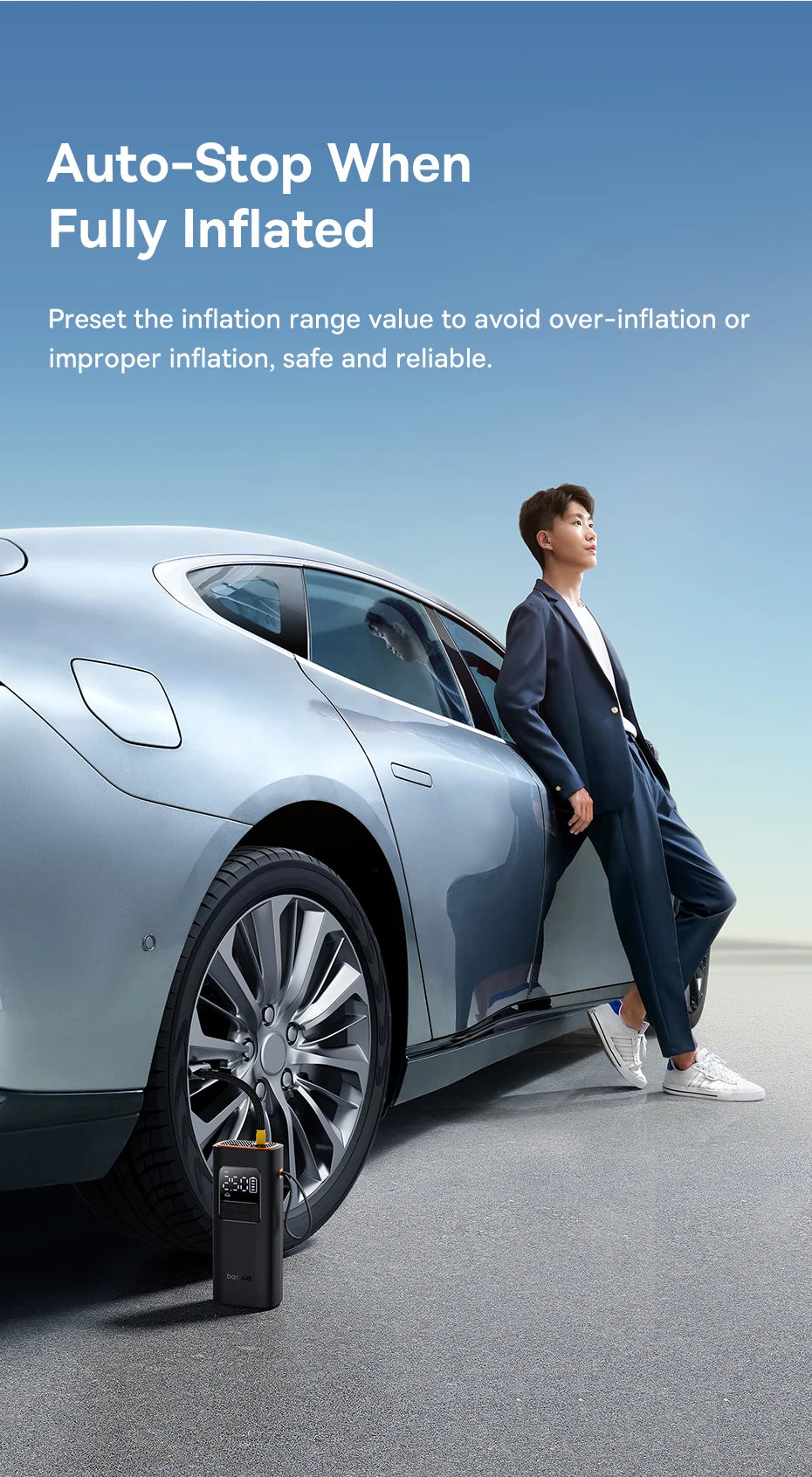 Person leaning against a car with an air pump, text about auto-stop feature on a blue background