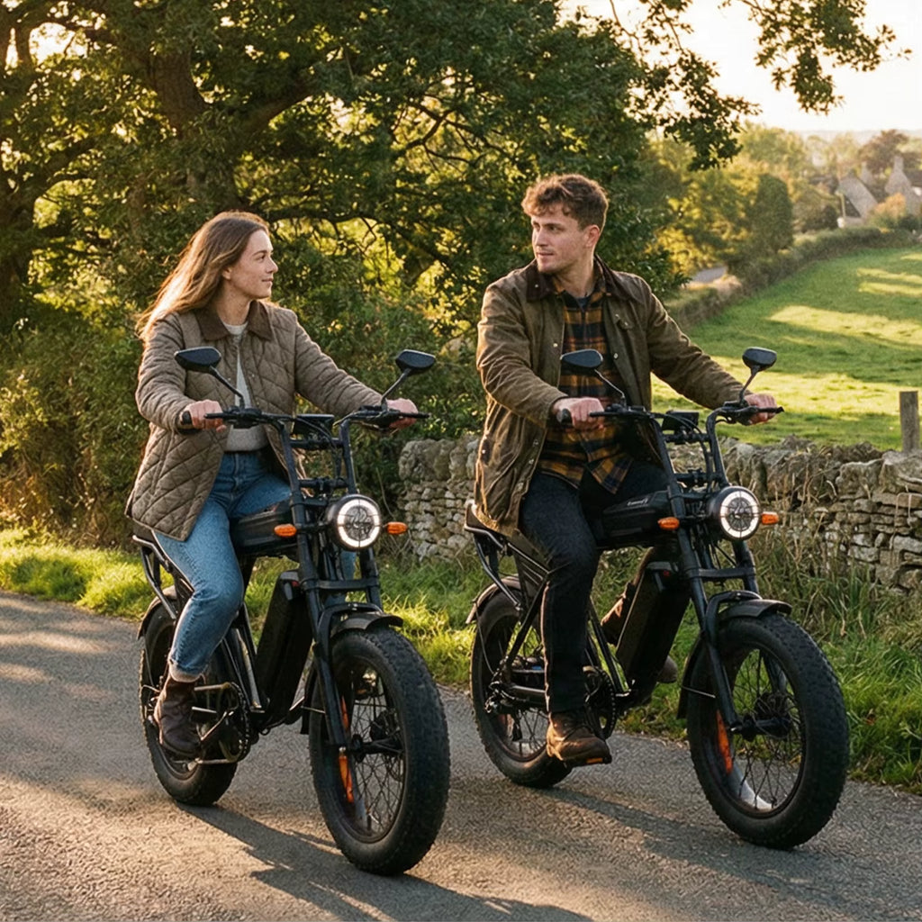 Two people riding electric bikes on a country road with greenery and a stone wall in the background.