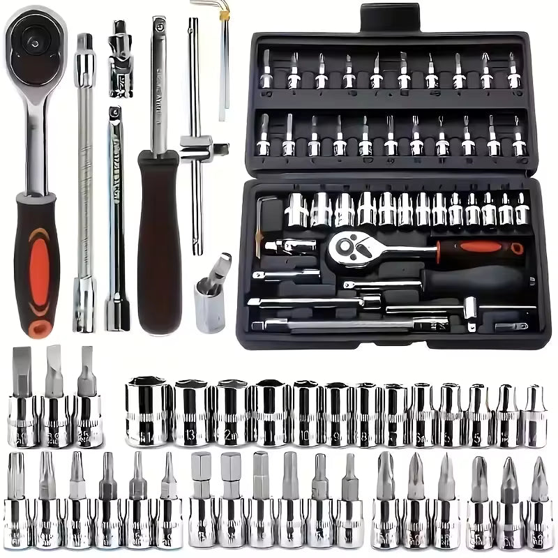 Complete 46-piece mechanics tool kit showing chrome vanadium sockets, extension bars, and bits