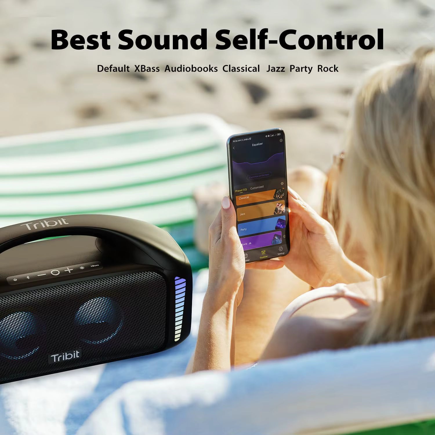 Person using a Tribit speaker and phone on a beach with text about sound control options.
