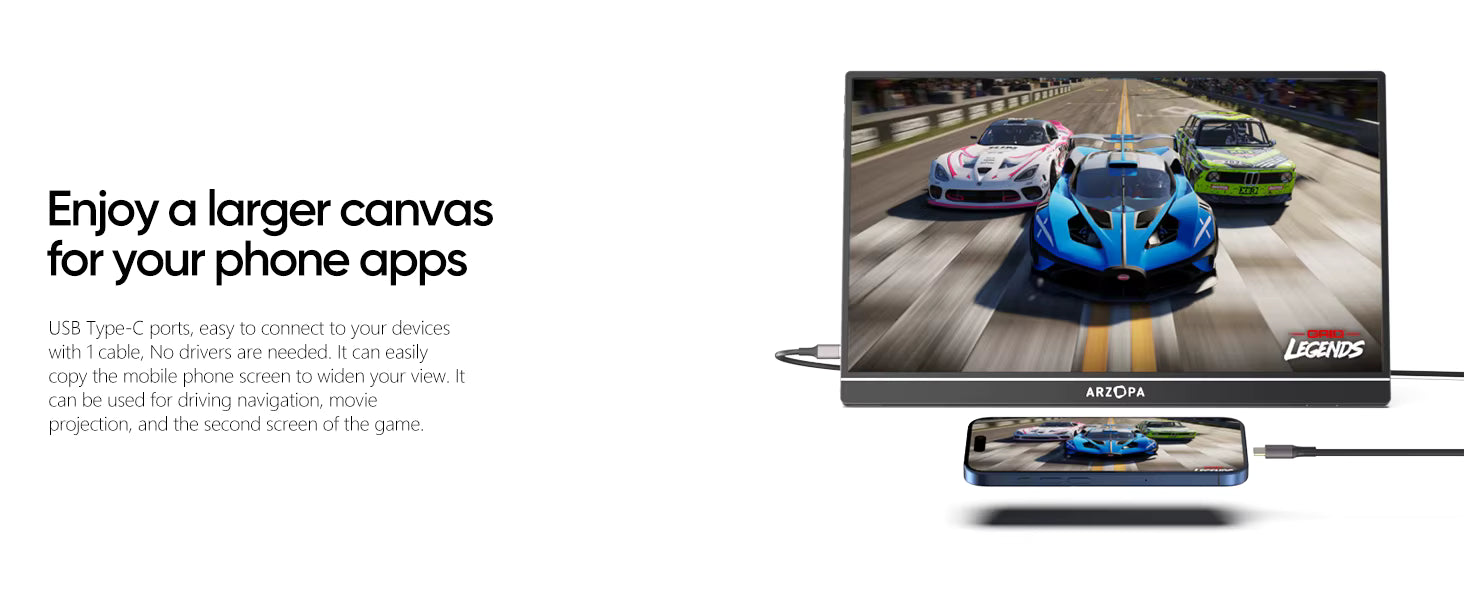 Monitor displaying a racing game with text about phone app canvas size and USB-C connection.