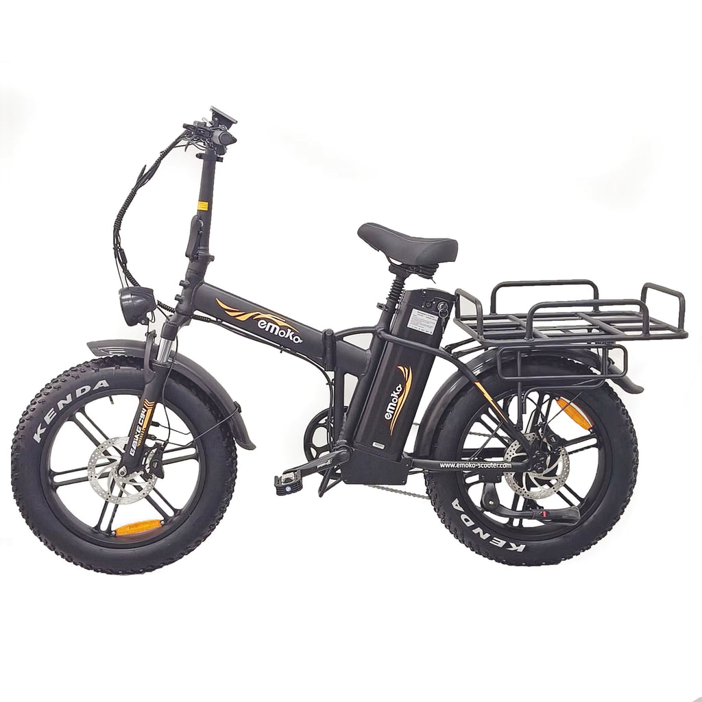 Black EMOCO 1000W electric bike with a basket on a white background