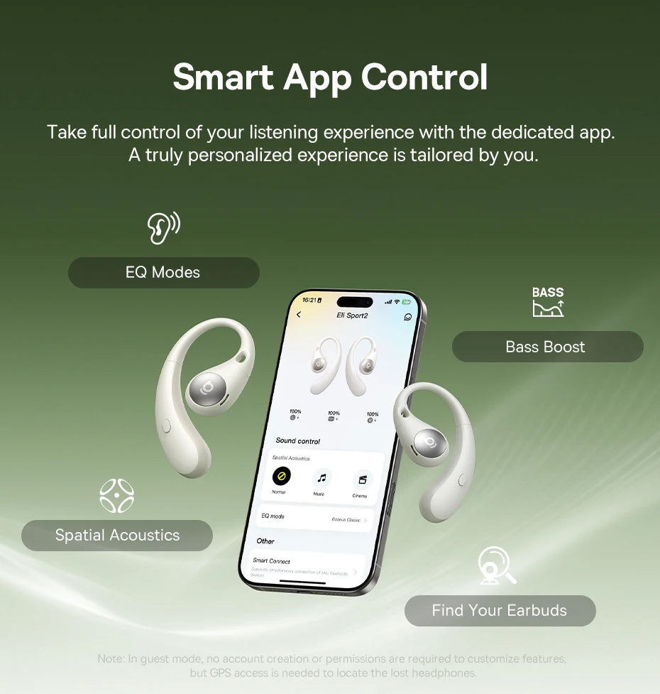 Smart earbuds with smartphone app on green background