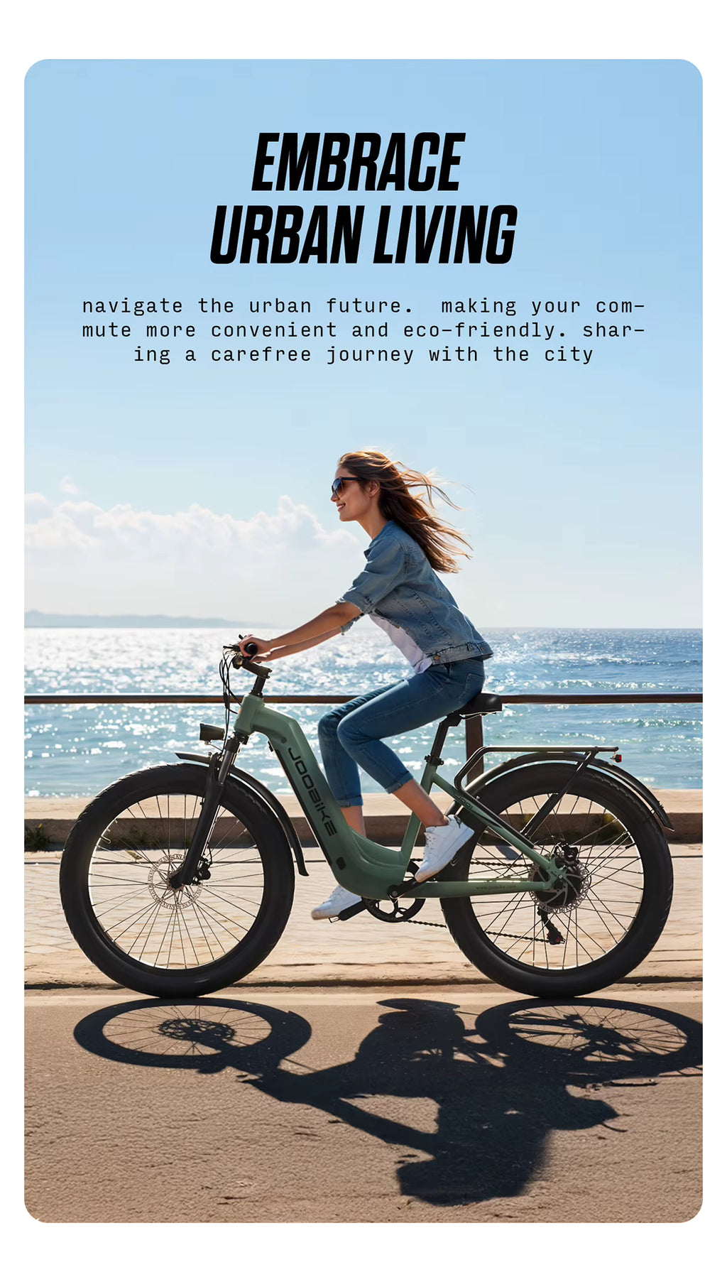 Woman riding a JOOBIKE JOO1 electric bike by the sea with text about embracing urban living.