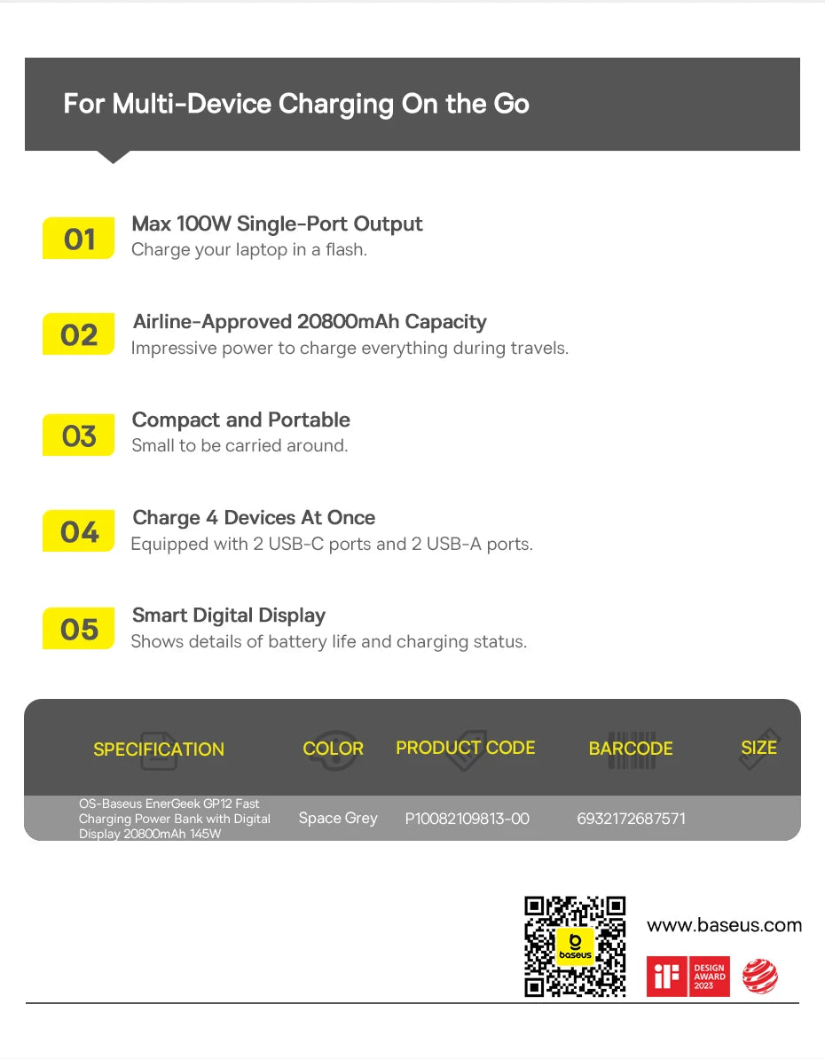 Product features and specifications on a white background with gray and yellow text.