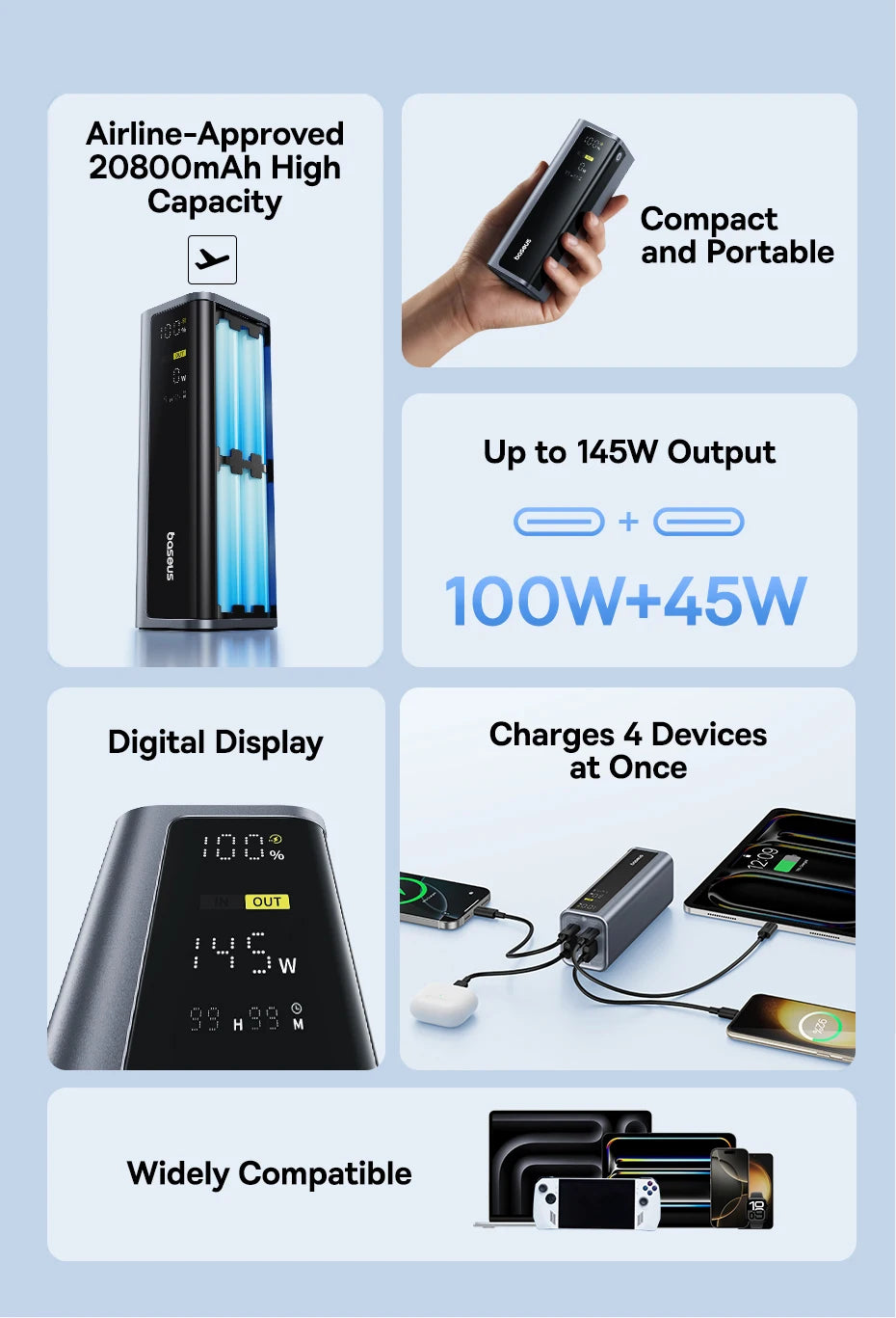 Portable power bank with features highlighted on a light blue background