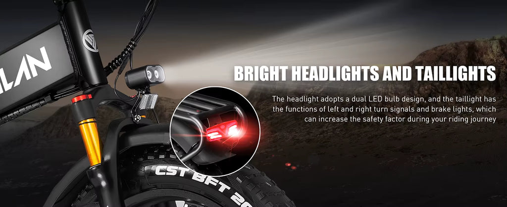 Vitilan i7 Pro 3.0 e-bike with bright headlights and taillights, highlighting safety features.