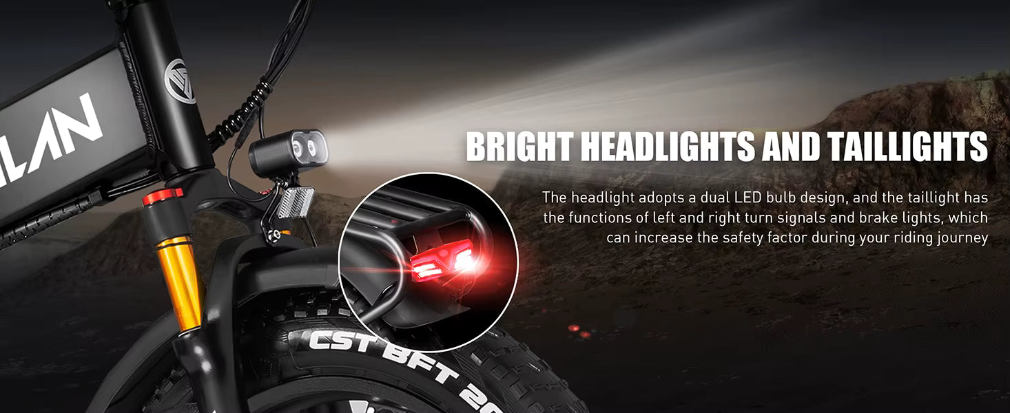 Vitilan i7 Pro 3.0 e-bike with bright headlights and taillights, highlighting safety features.