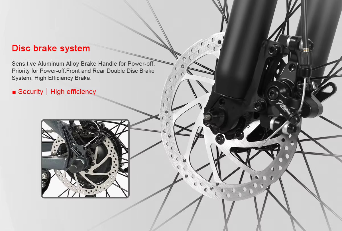 Disc brake system of a bicycle with close-up details on a gray background