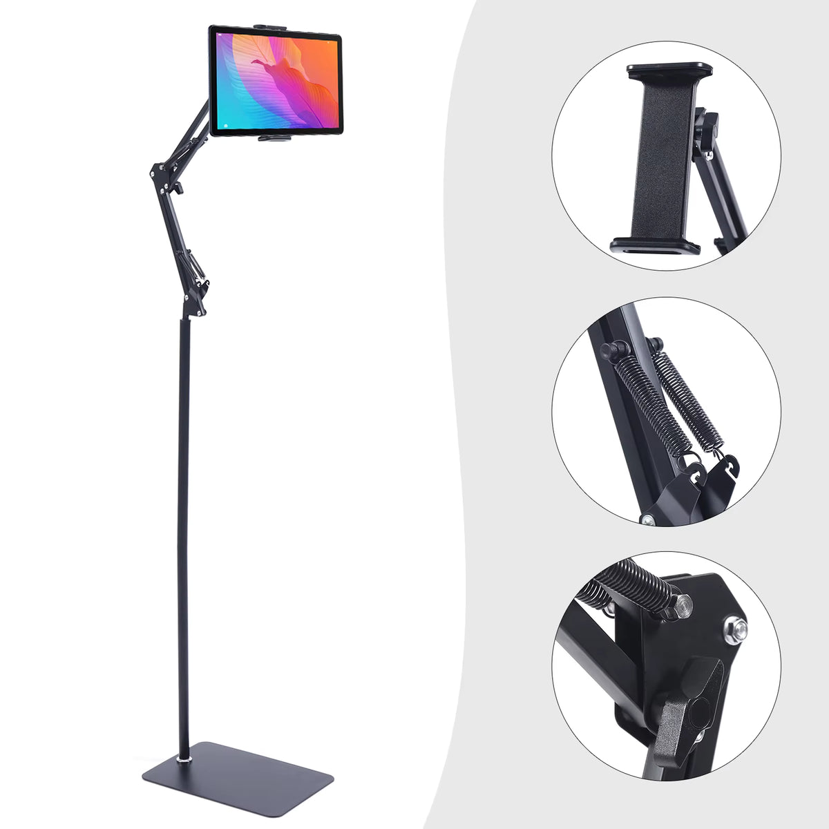 Universal Adjustable Floor Tablet Bracket highlighting 360-degree rotation and adjustable joint angles   