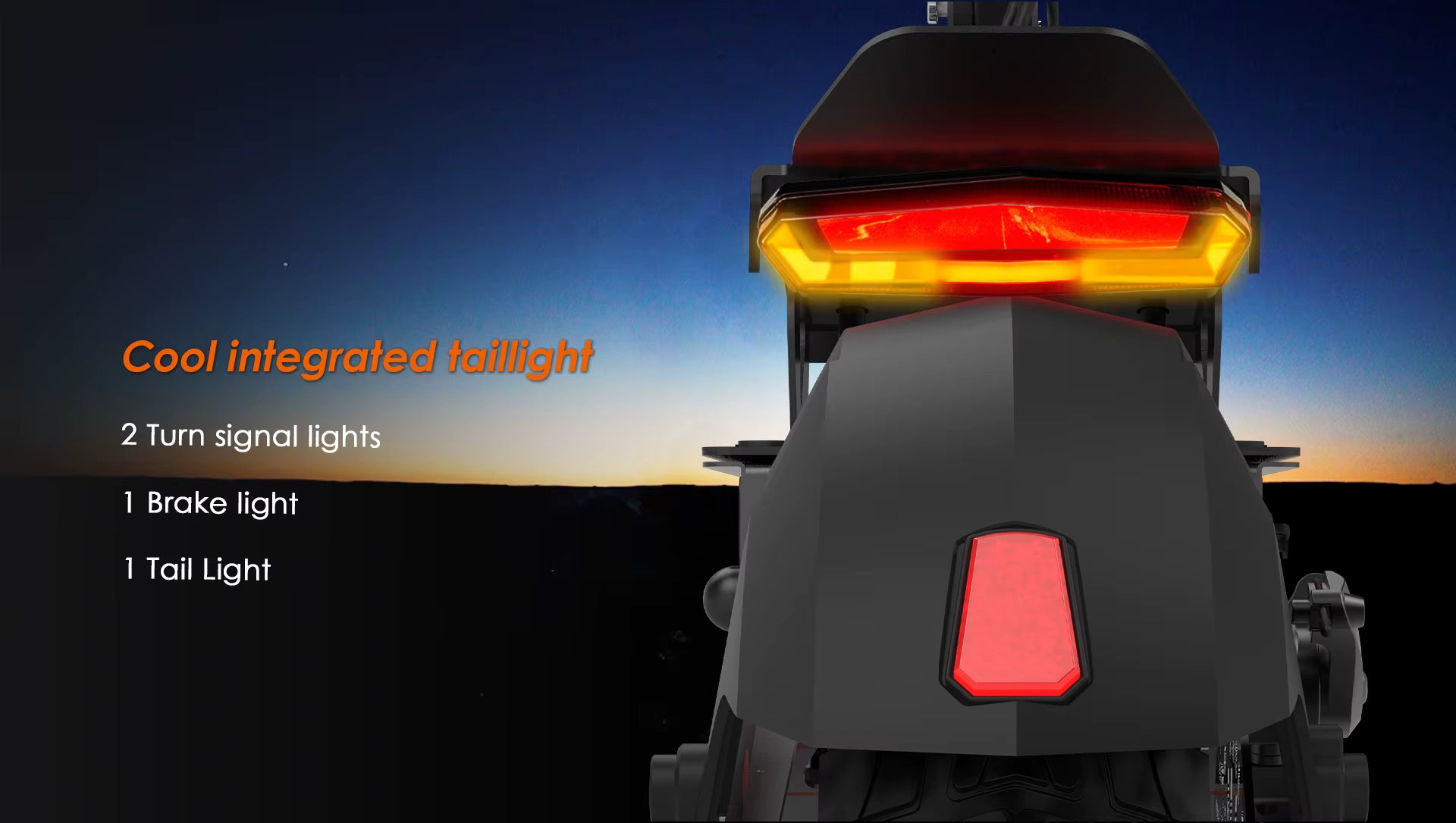 E-scooter tail light with turn signals against a dark background