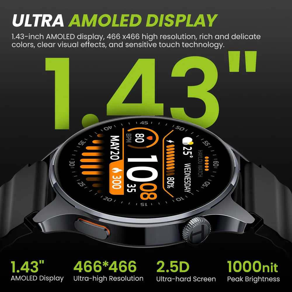Smartwatch with 1.43-inch AMOLED display on a black background