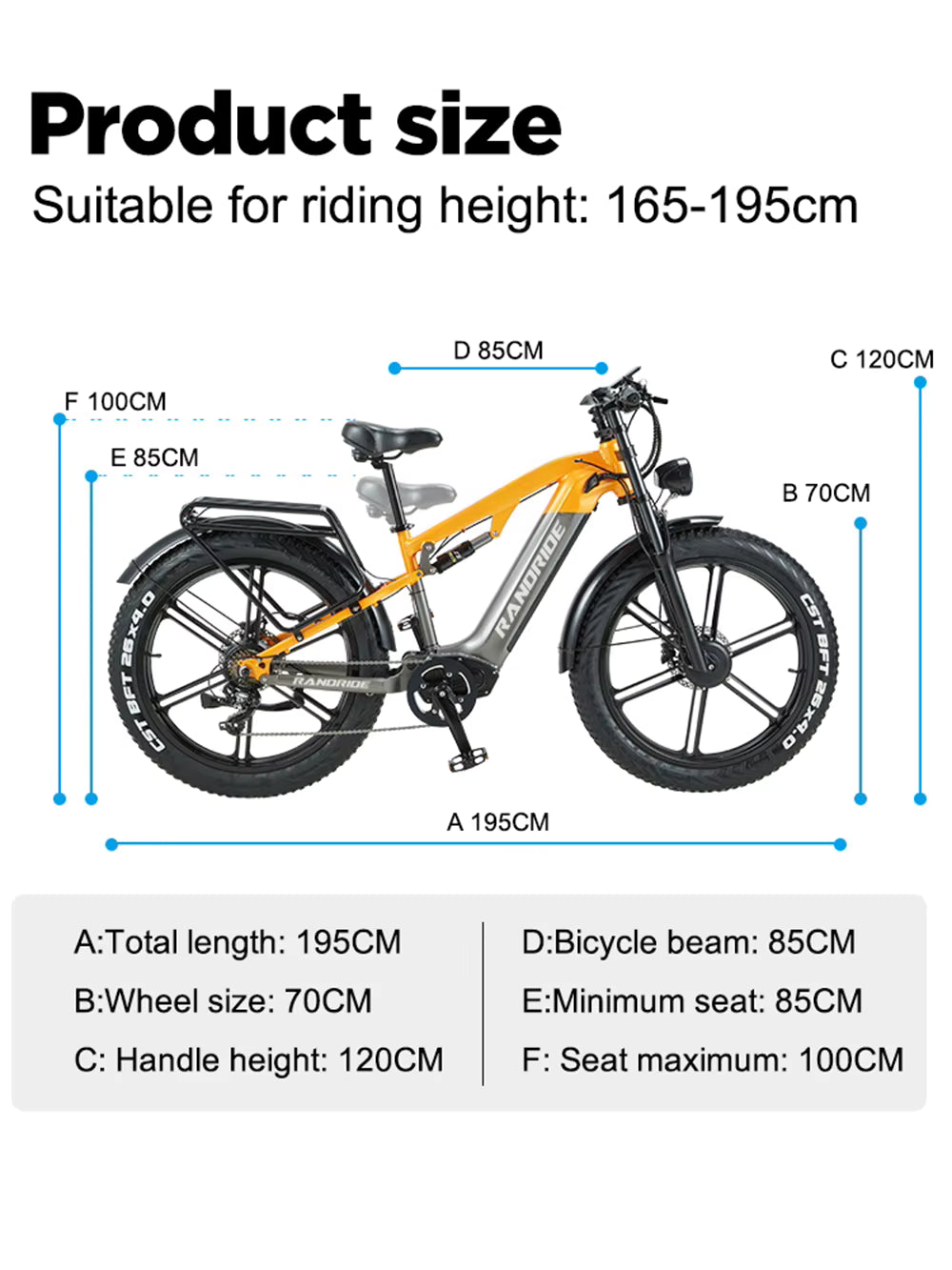 RANDRIDE YX80 e-bike Measurement chart of an electric bicycle with dimensions labeled.