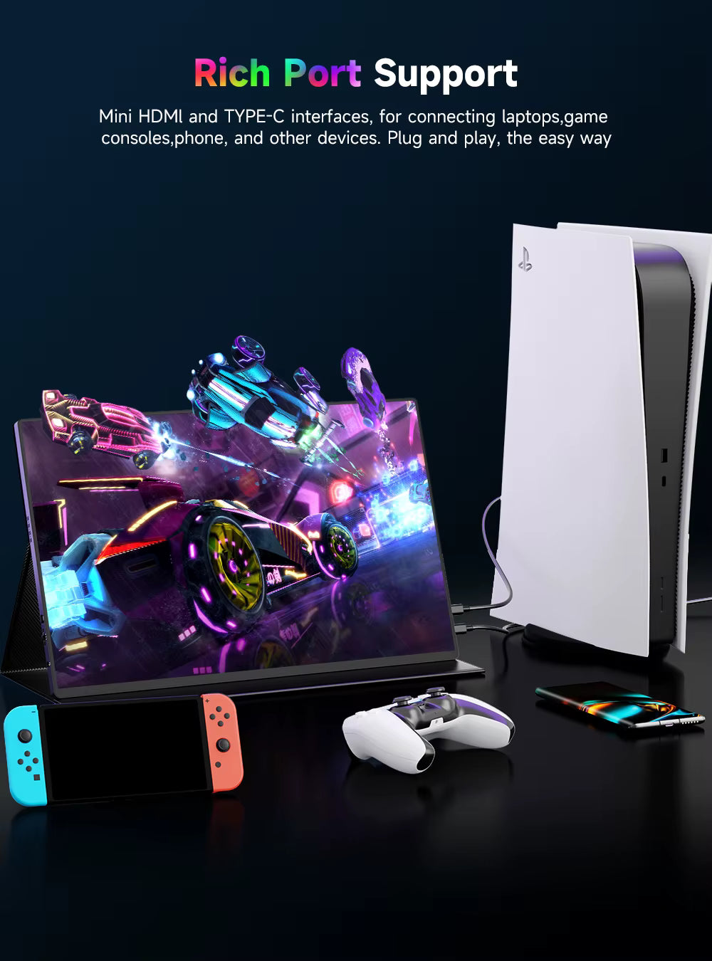UPERFECT 4K portable monitor connected to a gaming console via rich USB-C and HDMI ports