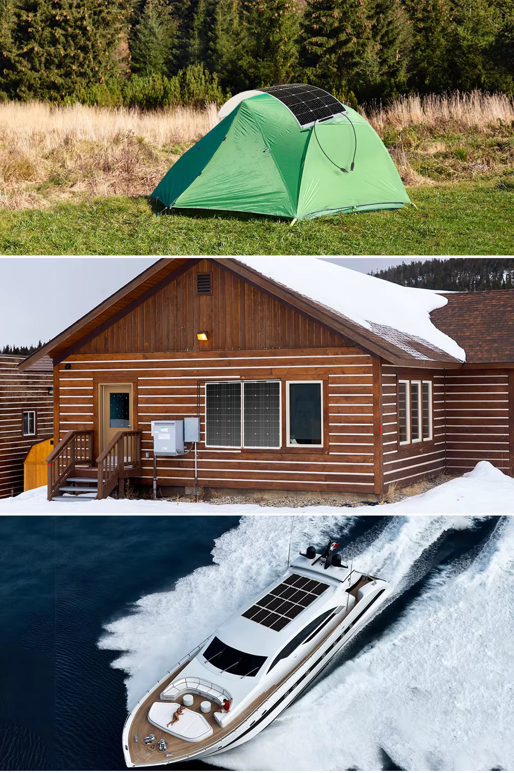 DOKIO flexible solar panel applications for camping tents, cabins, and boats