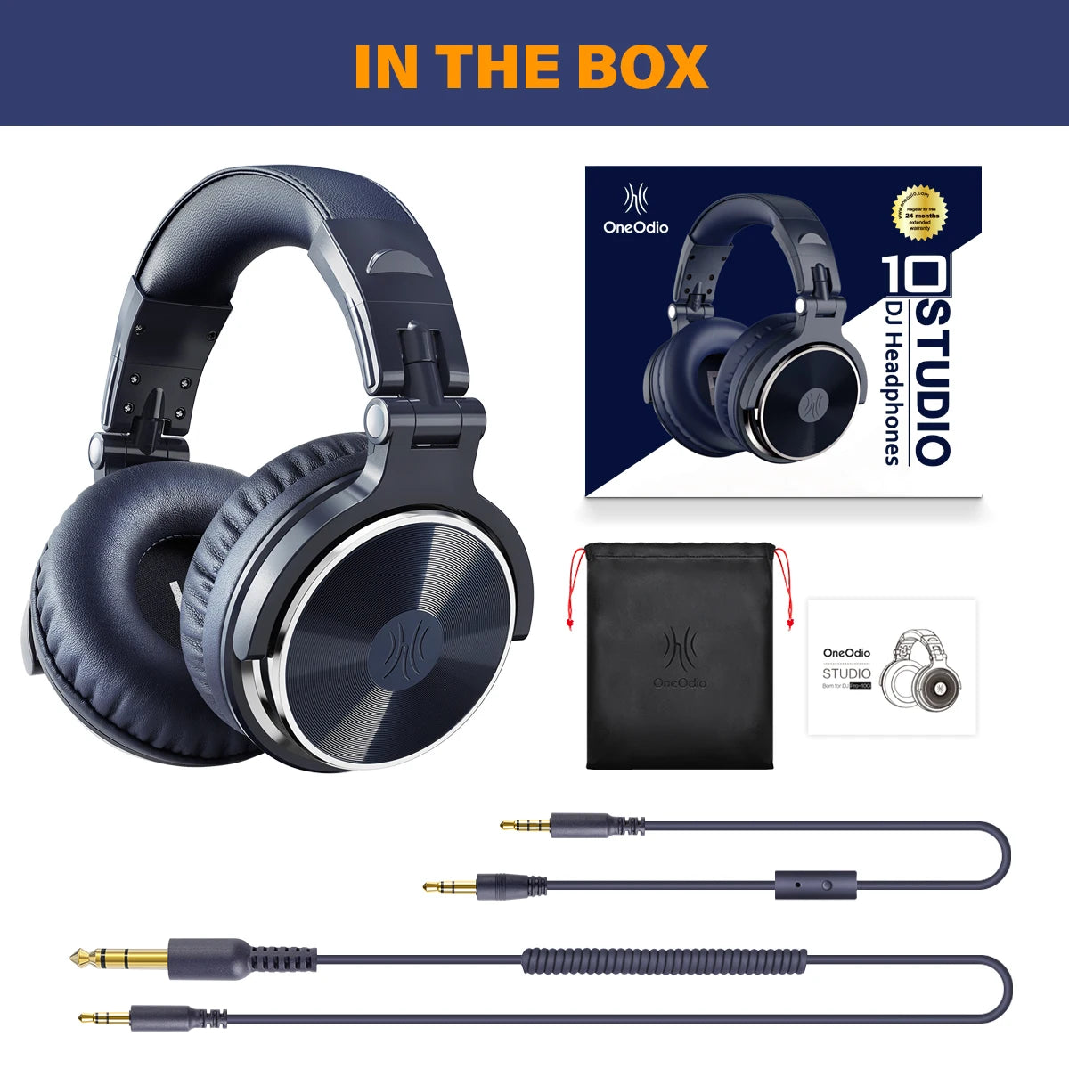 DJ headphones with accessories and OneOdio branding on a white background
